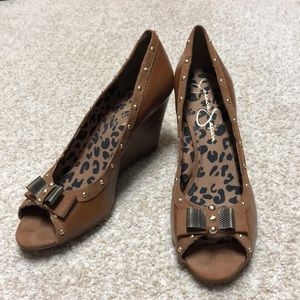 Jessica Simpson Cognac Studded Peep Toe Wedges
